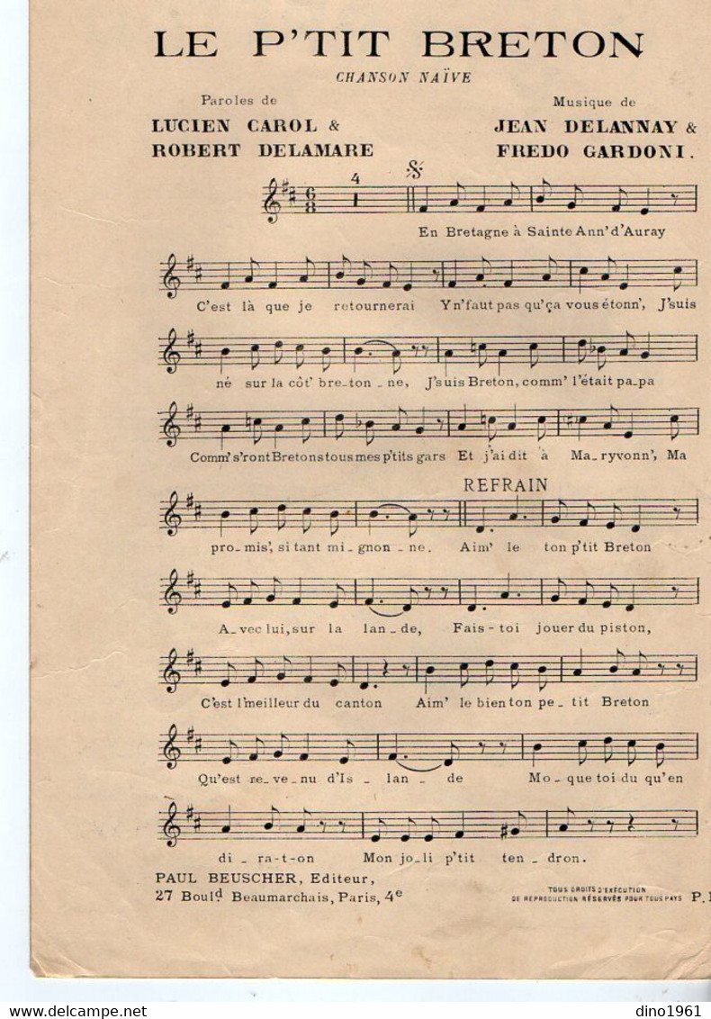 VP19.207 - PARIS - Ancienne Partition Musicale ¨ Mon P'tit Breton ¨ Paroles De Lucien CAROL Et R. DELAMARE - Spartiti