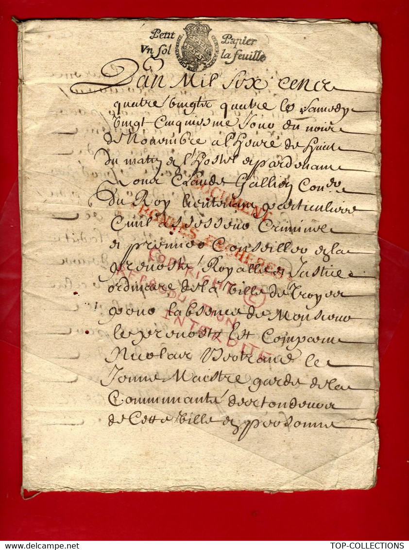 1684 CACHET GENERALITE CHAMPAGNE COMMUNAUTE DES TONDEURS De La Ville De Troyes METIERS PROFESSIONS JURANDES - Historische Dokumente