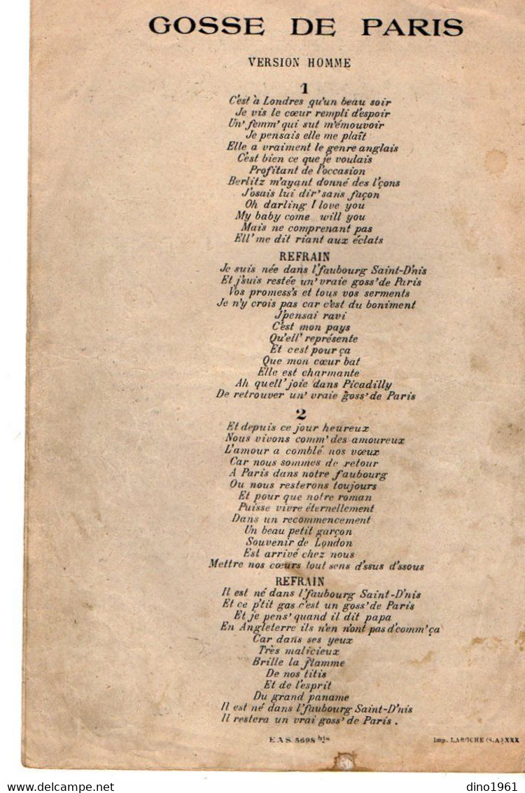 VP19.209 - PARIS - Ancienne Partition Musicale ¨ Gosse De Paris ¨ Par MISTINGUETTE Paroles LELIEVRE,VARNA Et De LIMA - Scores & Partitions