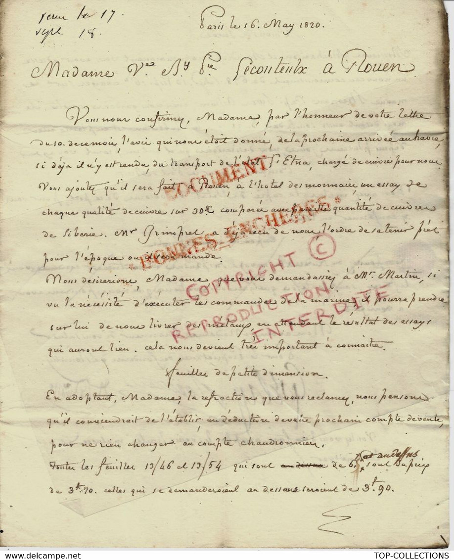 1820  ESPIONNAGE INDUSTRIEL V.HISTORIQUE Paris Fonderie De Romilly S/ Andelle INDUSTRIE MARINE CUIVRE CLOCHES LECOUTEULX - Historische Dokumente