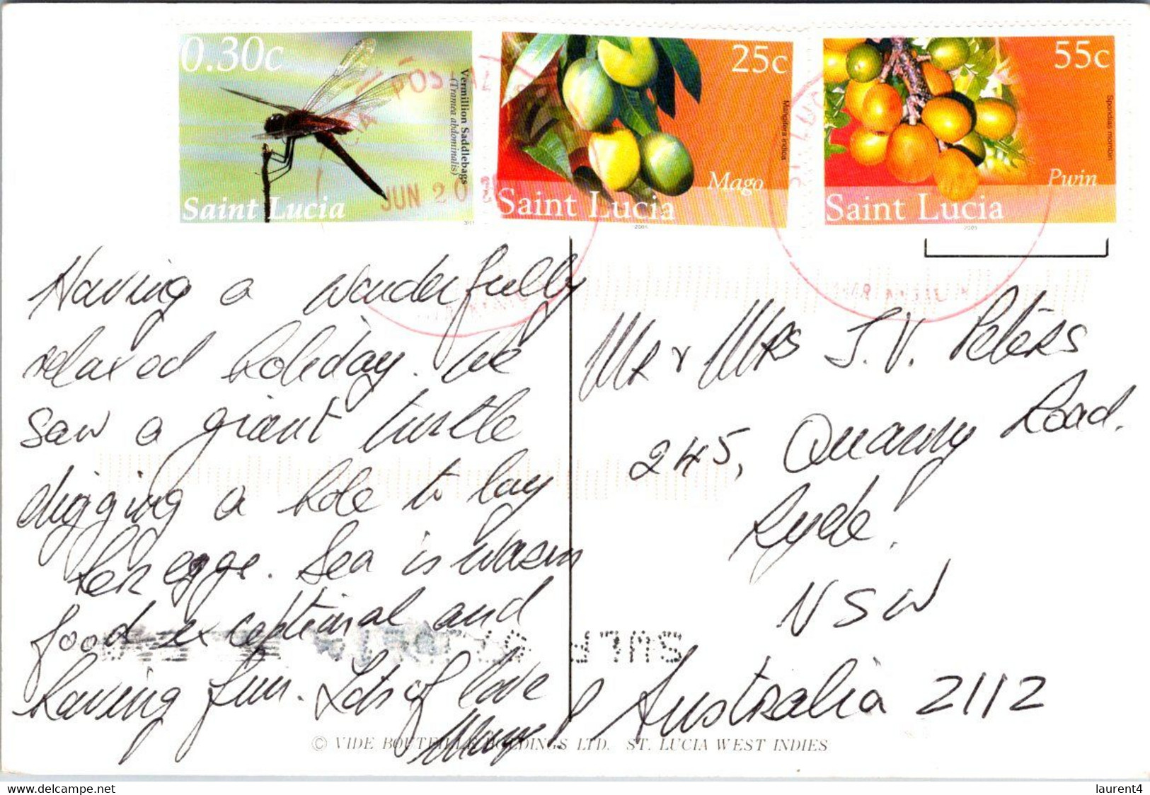 (1 G 1) Saint Lucia Postcard Posted To Australia - With Many Stamps - Beach - Saint Lucia