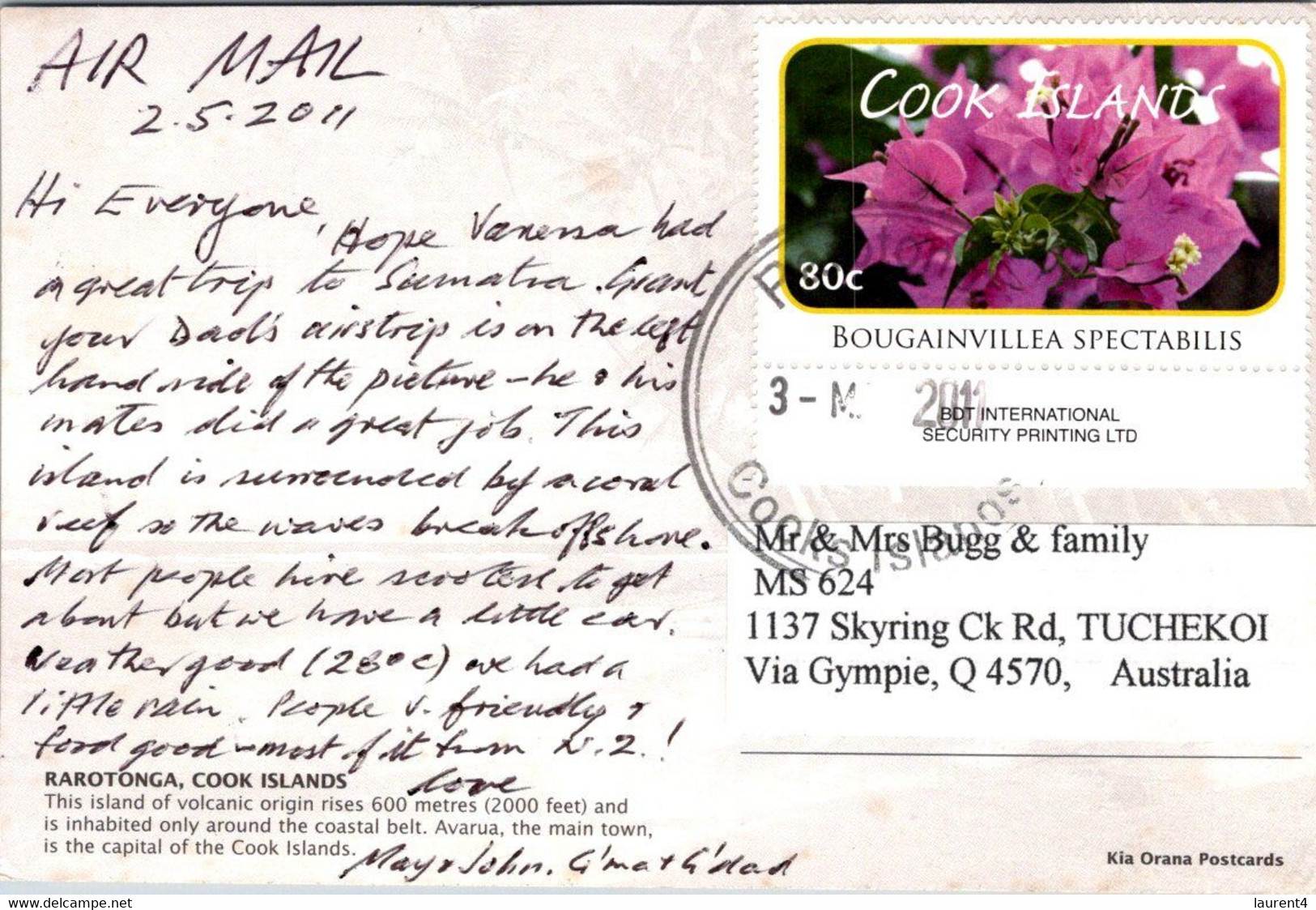 (1 G 1) Cook Islands Postcard Posted To Australia - With Flower Stamps - Aerial View Of Rarotonga (posted 2011) - Cook Islands