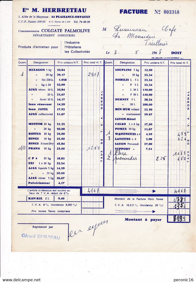 Lot De 3 Factures Ets M. Herbreteau, Plaisance-Orvault (Loire-Atlantique), Produits D'entretien 1968-1969 - Droguerie & Parfumerie