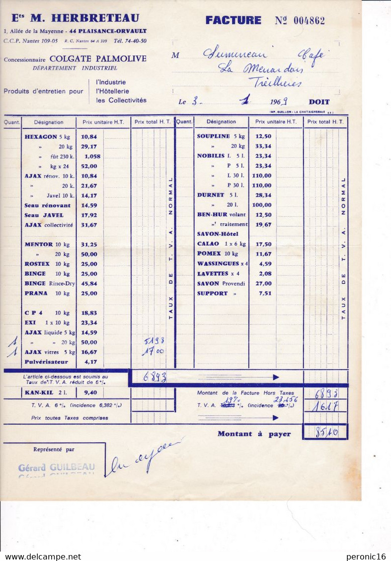 Lot De 3 Factures Ets M. Herbreteau, Plaisance-Orvault (Loire-Atlantique), Produits D'entretien 1968-1969 - Droguerie & Parfumerie