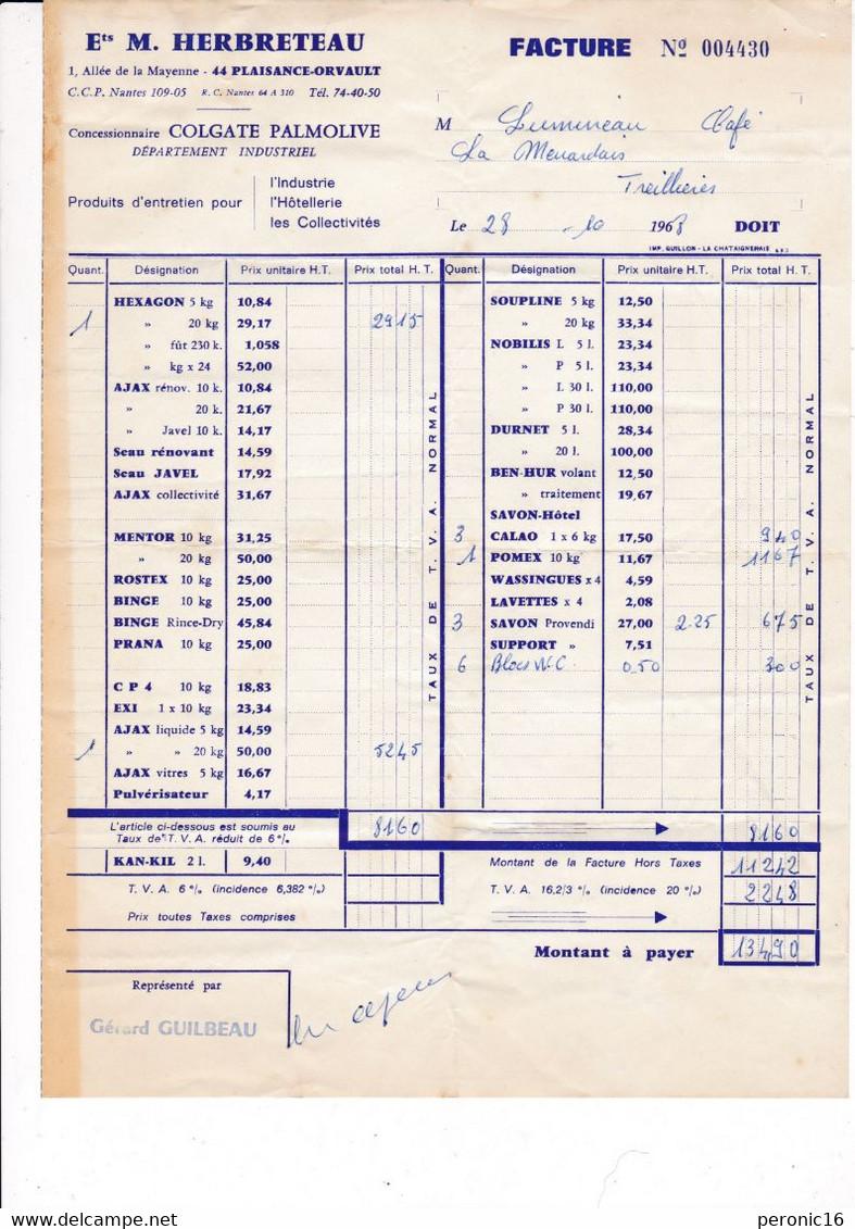 Lot De 3 Factures Ets M. Herbreteau, Plaisance-Orvault (Loire-Atlantique), Produits D'entretien 1968-1969 - Droguerie & Parfumerie