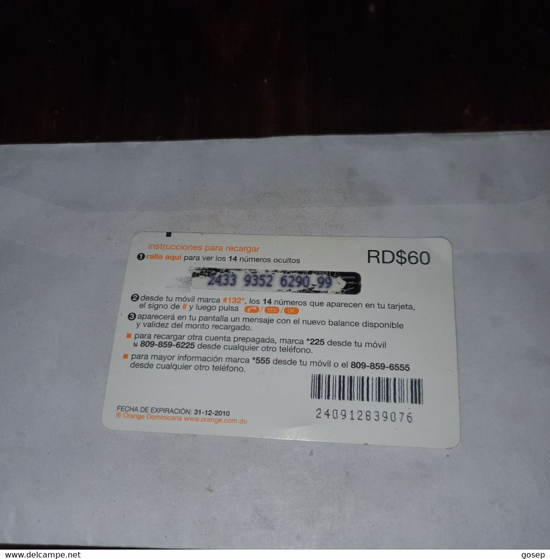 Dominicana-(orange-27rd$60)-(25)-(2433-9352-6290-99)-(31.12.2010)-used Card+1card Prepiad Free - Dominicaanse Republiek