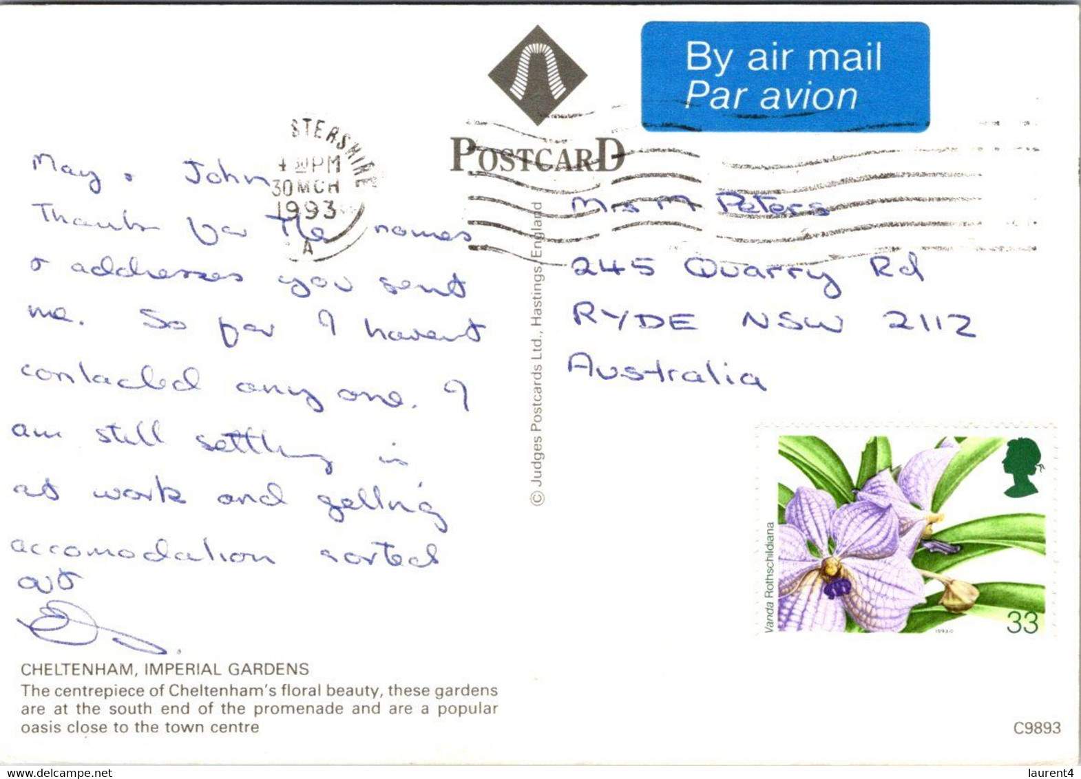 (1 G 1) UK Postcard Posted To Australia  - Cheltenham Imperial Gardens (flower Stamp Unusual Position ?) - Cheltenham