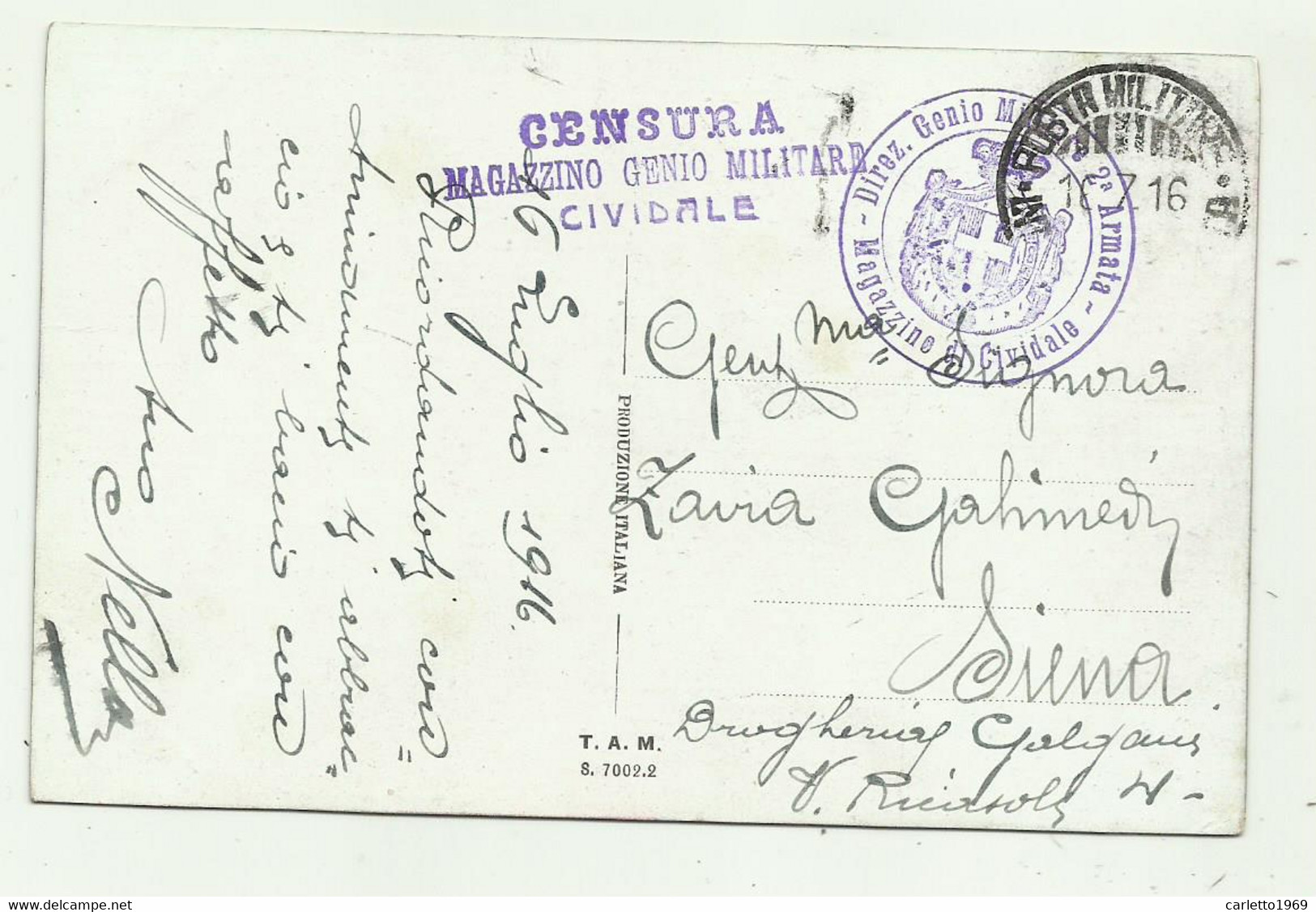 DIREZIONE GENIO MILITARE 2a ARMATA, MAGAZZINO CIVIDALE 1916 SU CARTOLINA - Regiments