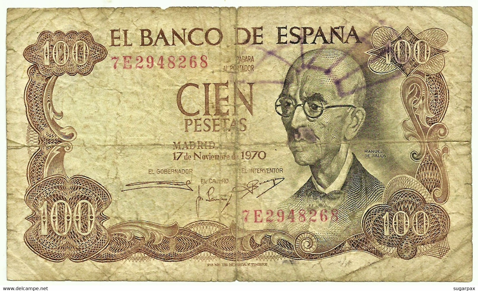 ESPAÑA - 100 Pesetas - 17.11.1970 ( 1974 ) - Pick 152 - Serie 7E - Manuel De Falla - 100 Peseten