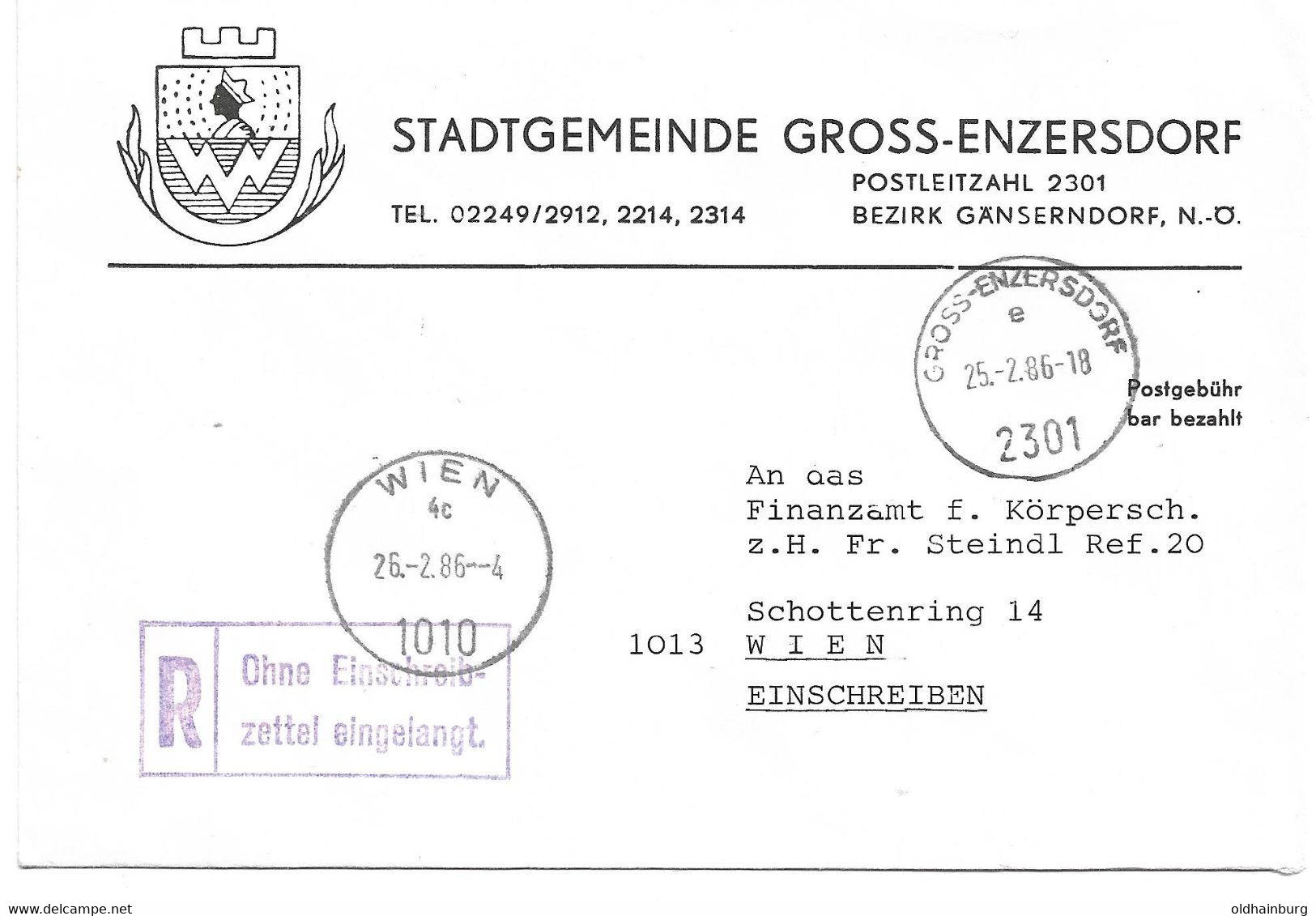 2006u: Gemeindeamts- Kuvert 2301 Gross-Enzersdorf, Ortswappen, Heimatbeleg Aus 1986 Sehr Dekorativ - Gänserndorf