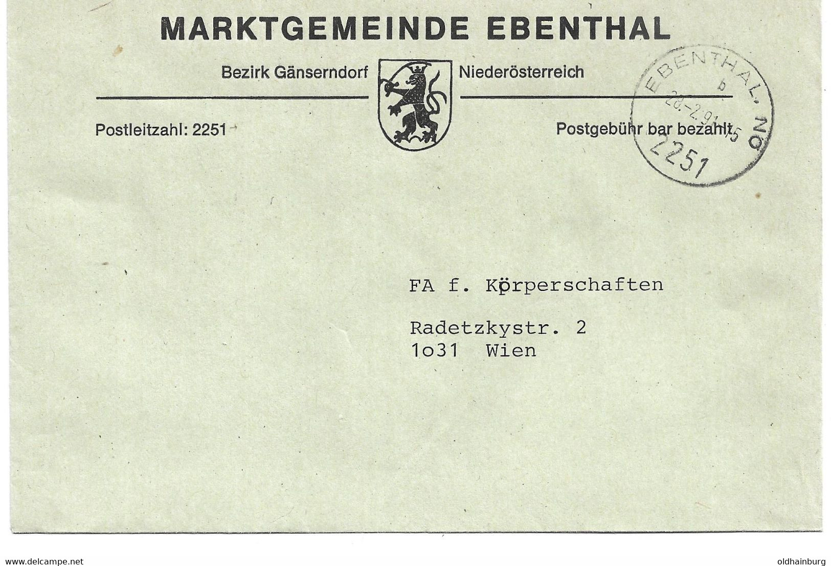 2006v: Gemeindeamts- Kuvert 2251 Ebenthal, Ortswappen, Heimatbeleg Aus 1991 Sehr Dekorativ - Gänserndorf