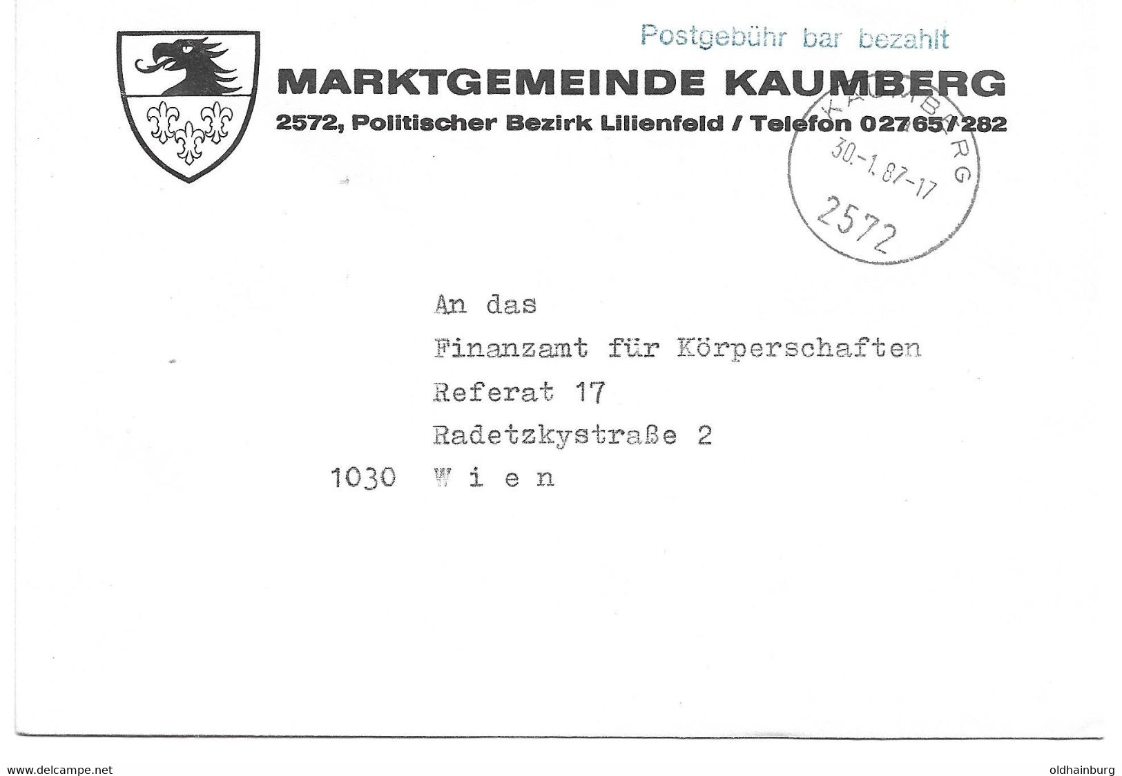 2006z: Gemeindeamts- Kuvert 2572 Kaumberg, Ortswappen, Heimatbeleg Aus 1987 Sehr Dekorativ - Lilienfeld