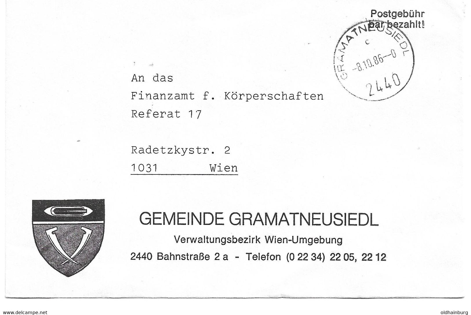 2040b: Gemeindeamts- Kuvert 2440 Gramatneusiedl, Ortswappen, Heimatbeleg Aus 1986 Sehr Dekorativ - Bruck An Der Leitha