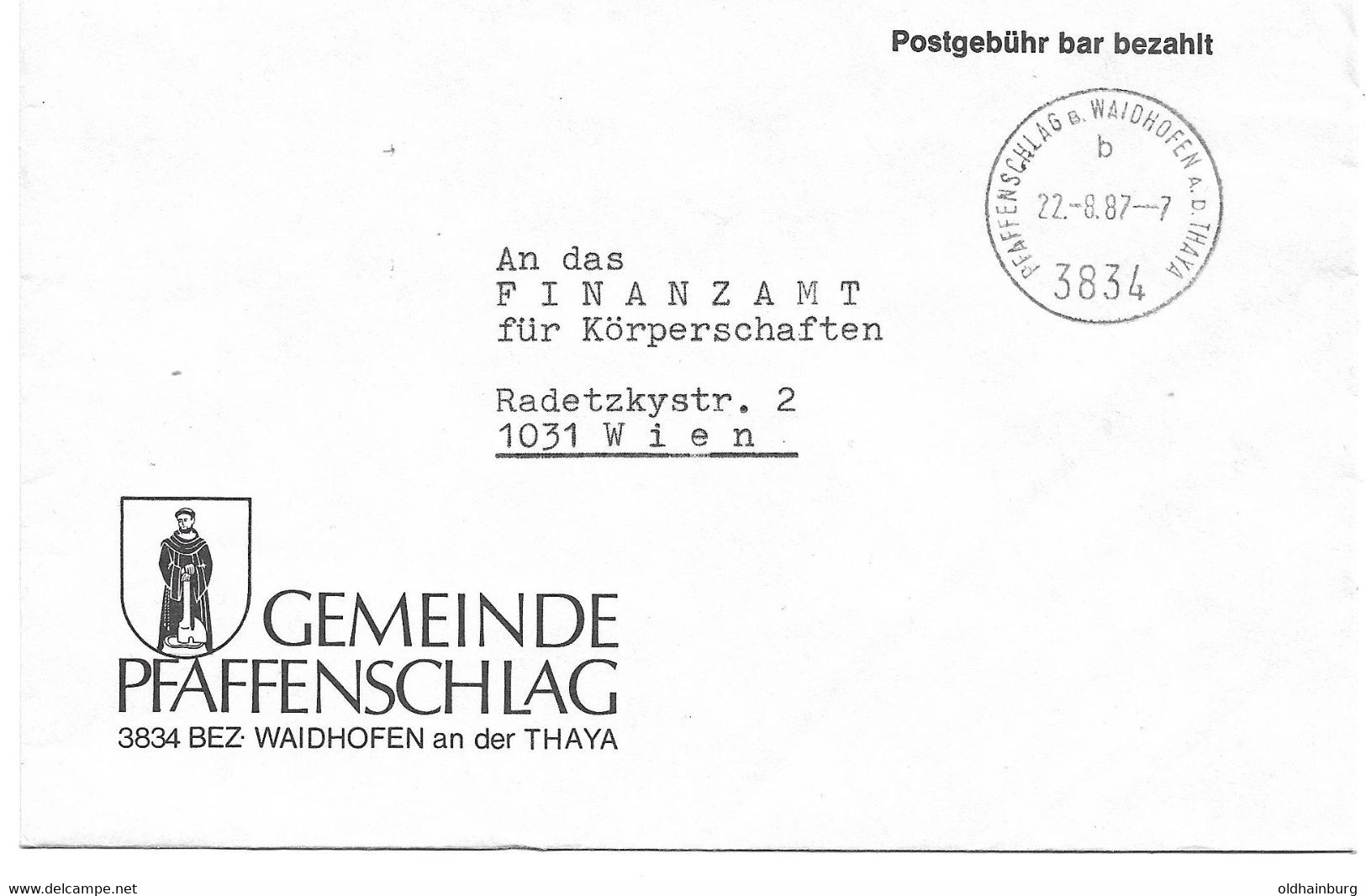 2040d: Gemeindeamts- Kuvert 3834 Pfaffenschlag, Ortswappen, Heimatbeleg Aus 1987 Sehr Dekorativ - Waidhofen An Der Thaya