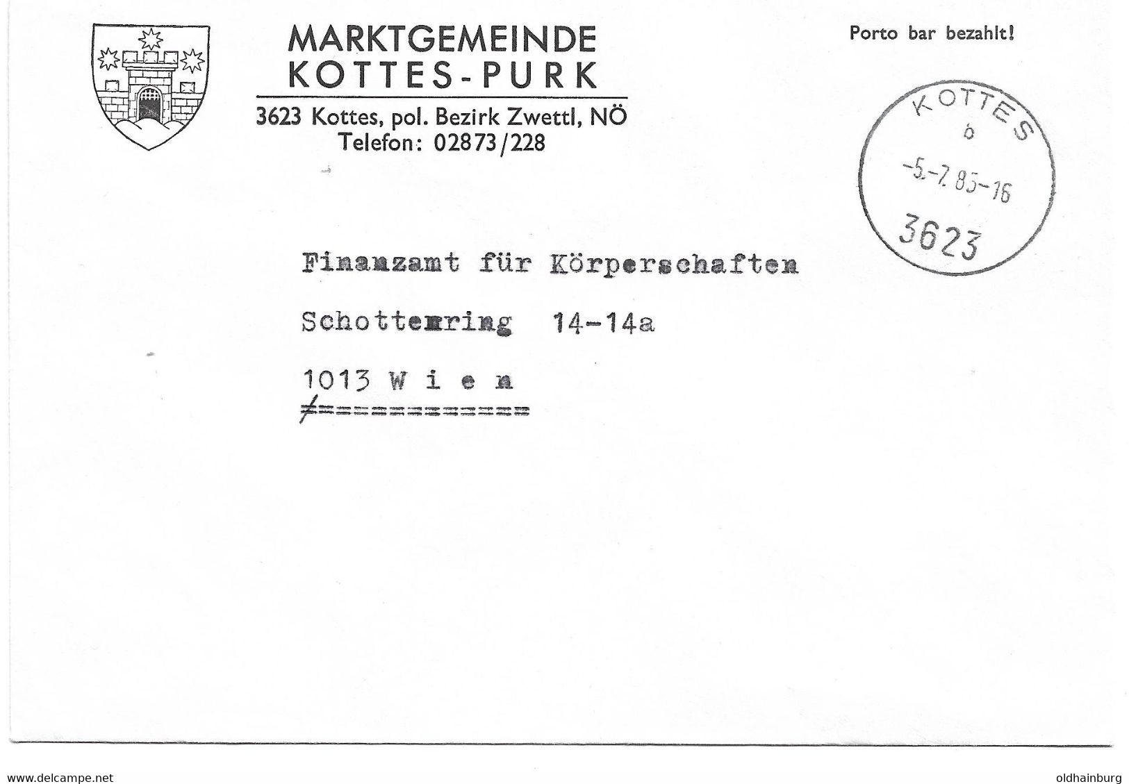 2040g: Gemeindeamts- Kuvert 3623 Kottes, Ortswappen, Heimatbeleg Aus 1985 Sehr Dekorativ - Zwettl