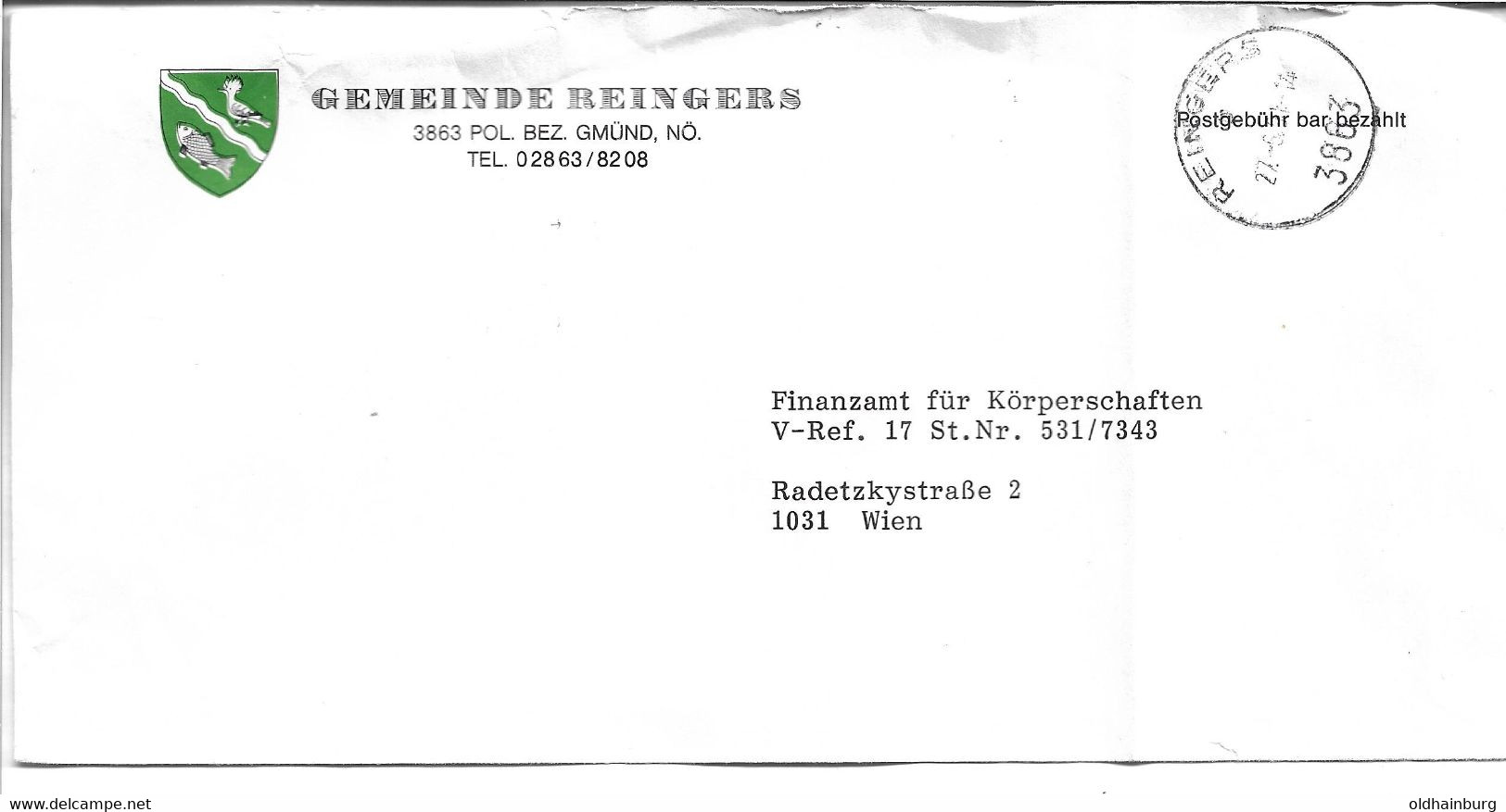 2040o: Längliches Gefaltetes Gemeindeamts- Kuvert 3863 Reingers, Ortswappen, Heimatbeleg Aus 1985 Etwas Faltig - Gmünd
