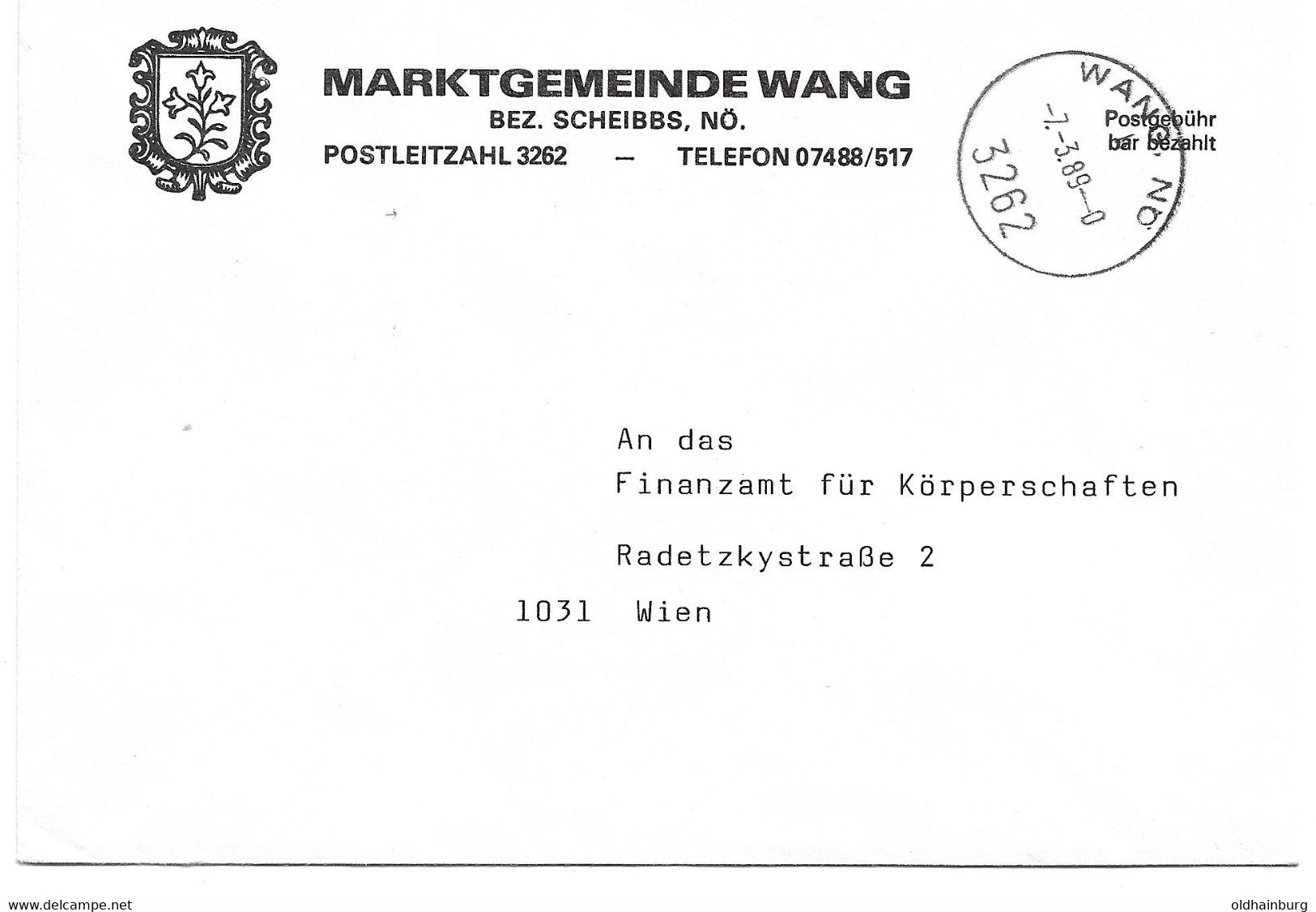 2040r: Gemeindeamts- Kuvert 3262 Wang, Ortswappen, Heimatbeleg Aus 1989 - Scheibbs
