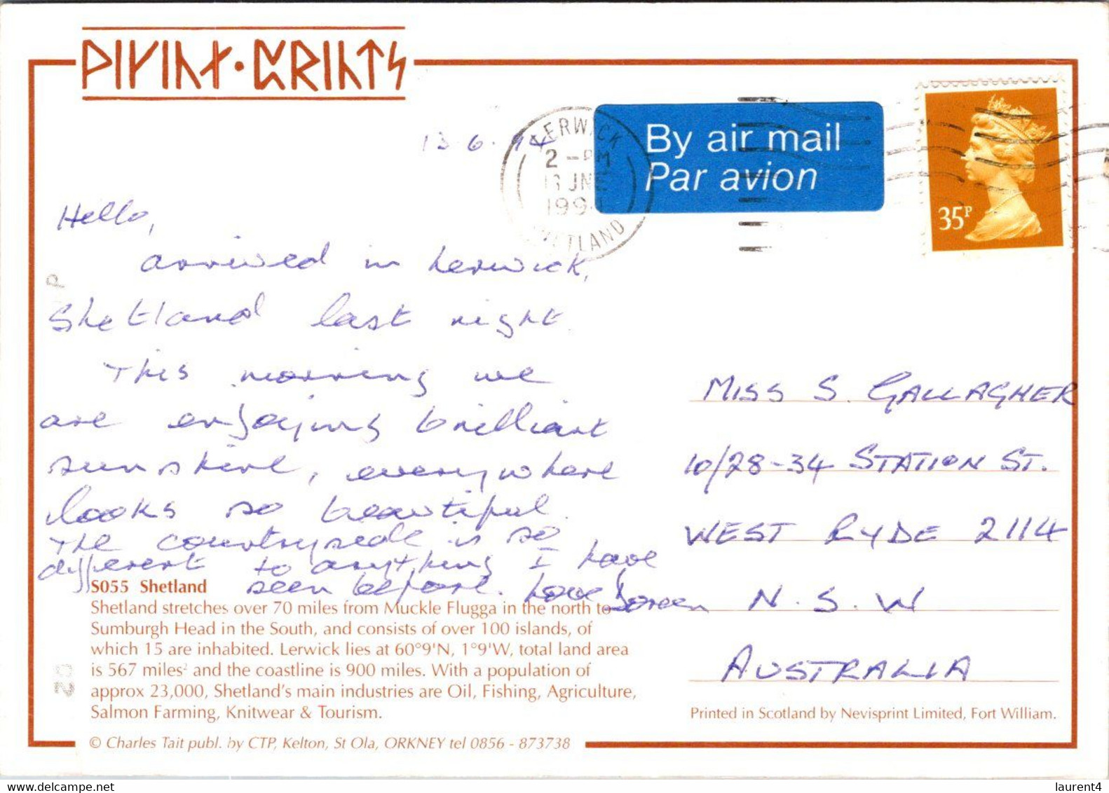 (1 G 3) UK Postcard Posted To Australia  - Shetland Islands - Shetland