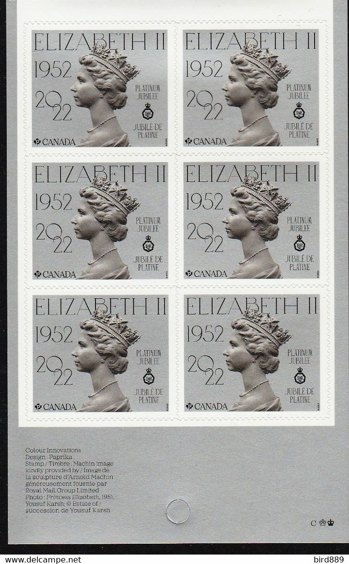 2022 Canada Queen Elizabeth II Platinum Jubilee Full Pane Of 6 From Booklet MNH - Pagine Del Libretto