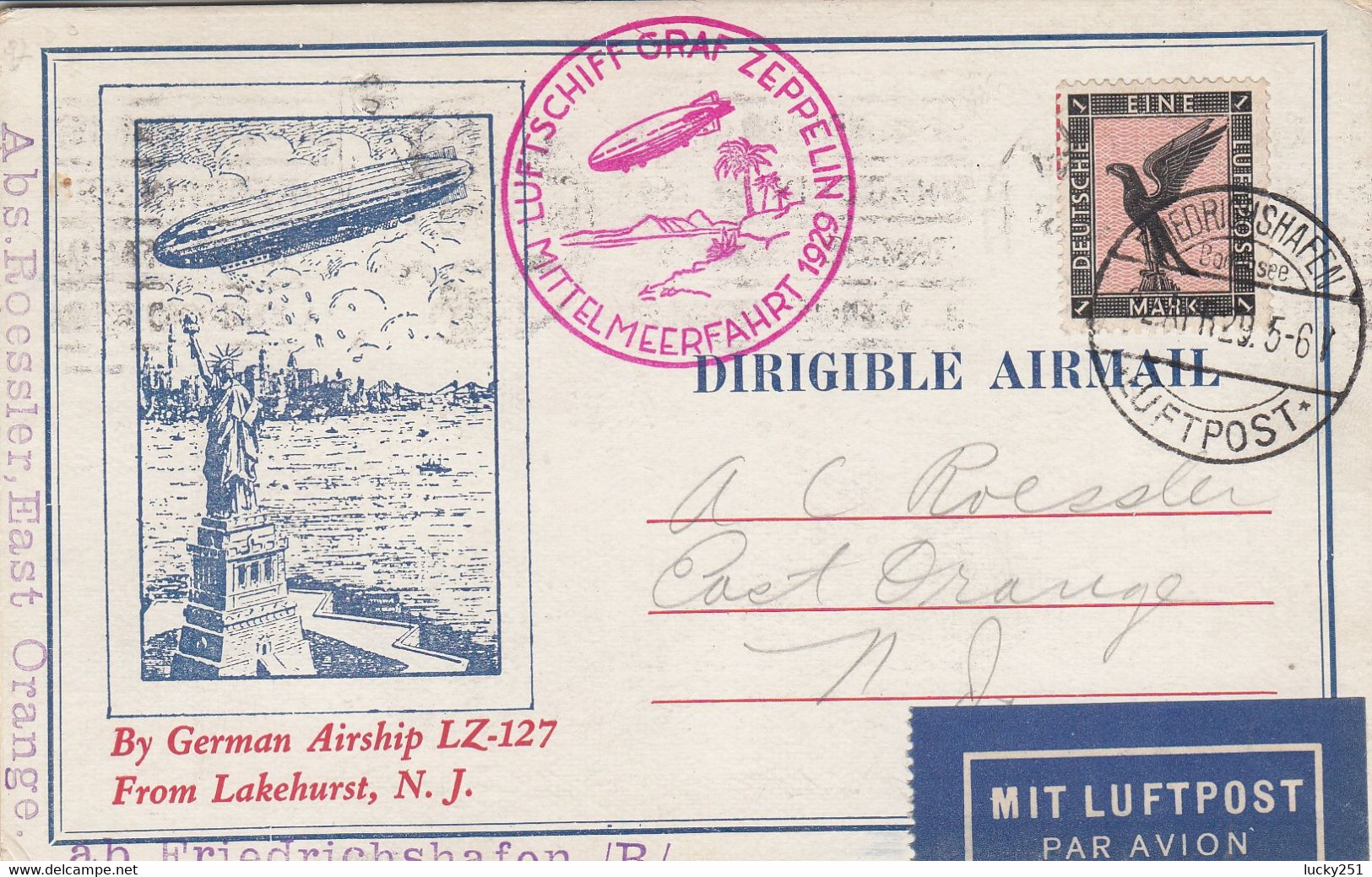 Zeppelin - 1929 - Allemagne - Carte Du 22/04/1929 - Vers USA - East Orange - Zeppelin