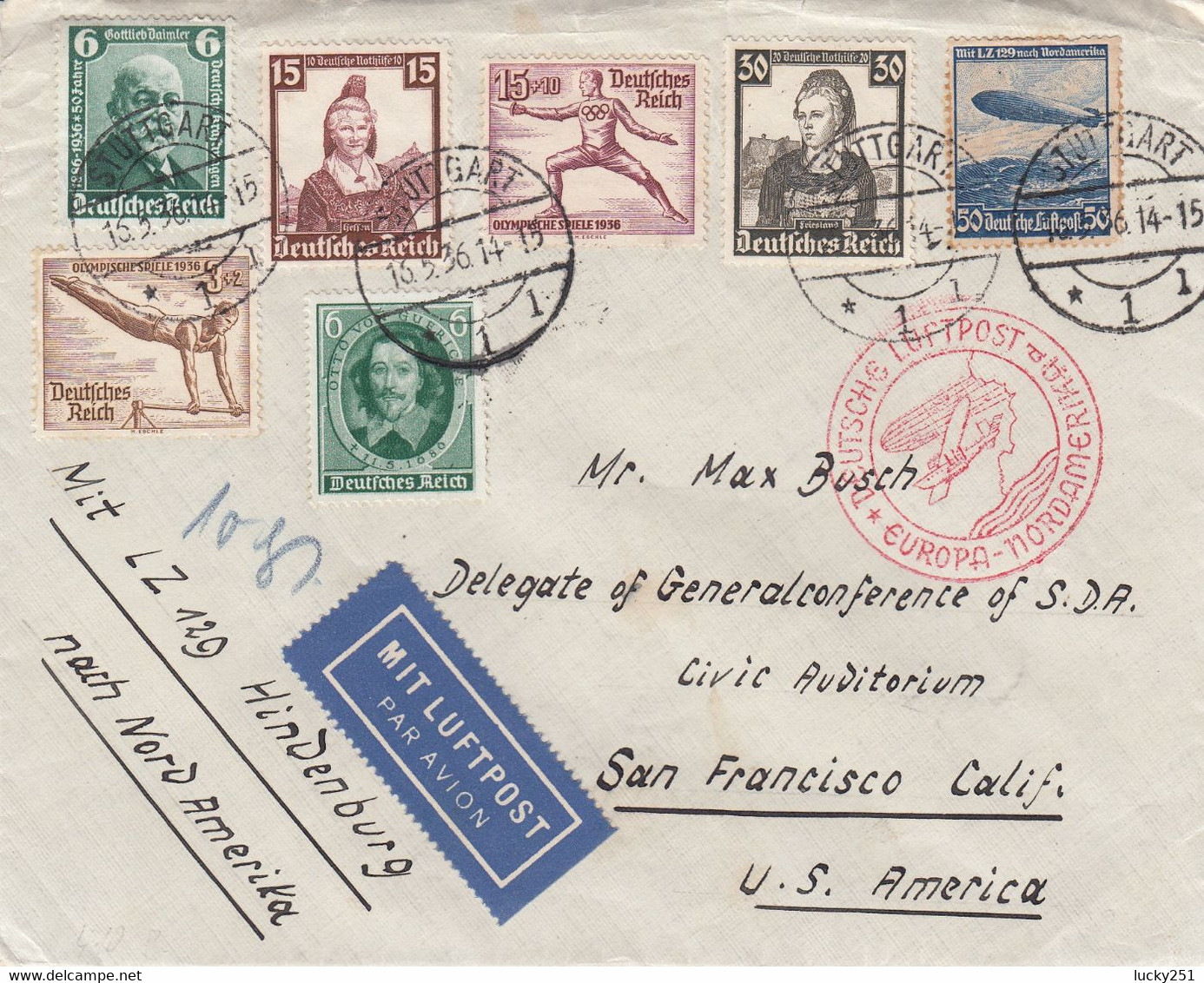 Zeppelin - 1936 - Allemagne - Lettre Du 16/05/1936 - Vers USA - San Francisco - Zeppelins