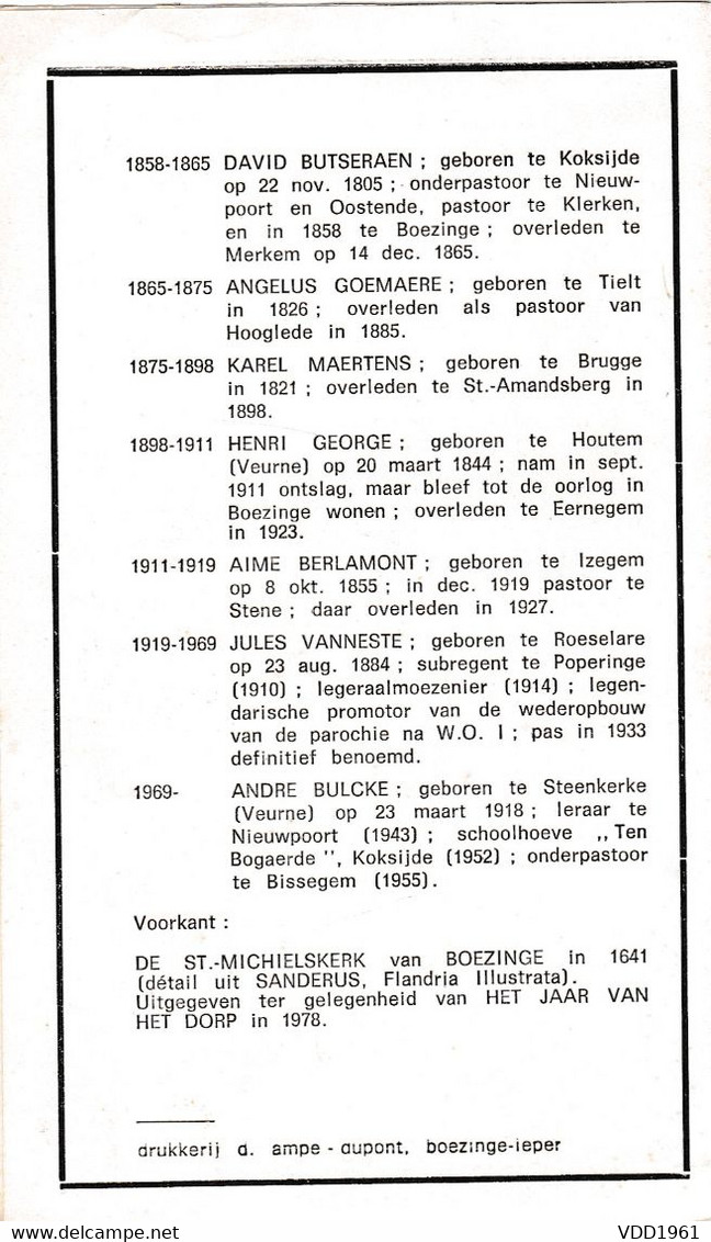 #  BOESINGE - IEPER Lijst Met Alle Priesters Van 1107 Tem 1969 - Voorkant ST.MICHIELSKERK Van BOEZINGE 1641) - Andachtsbilder