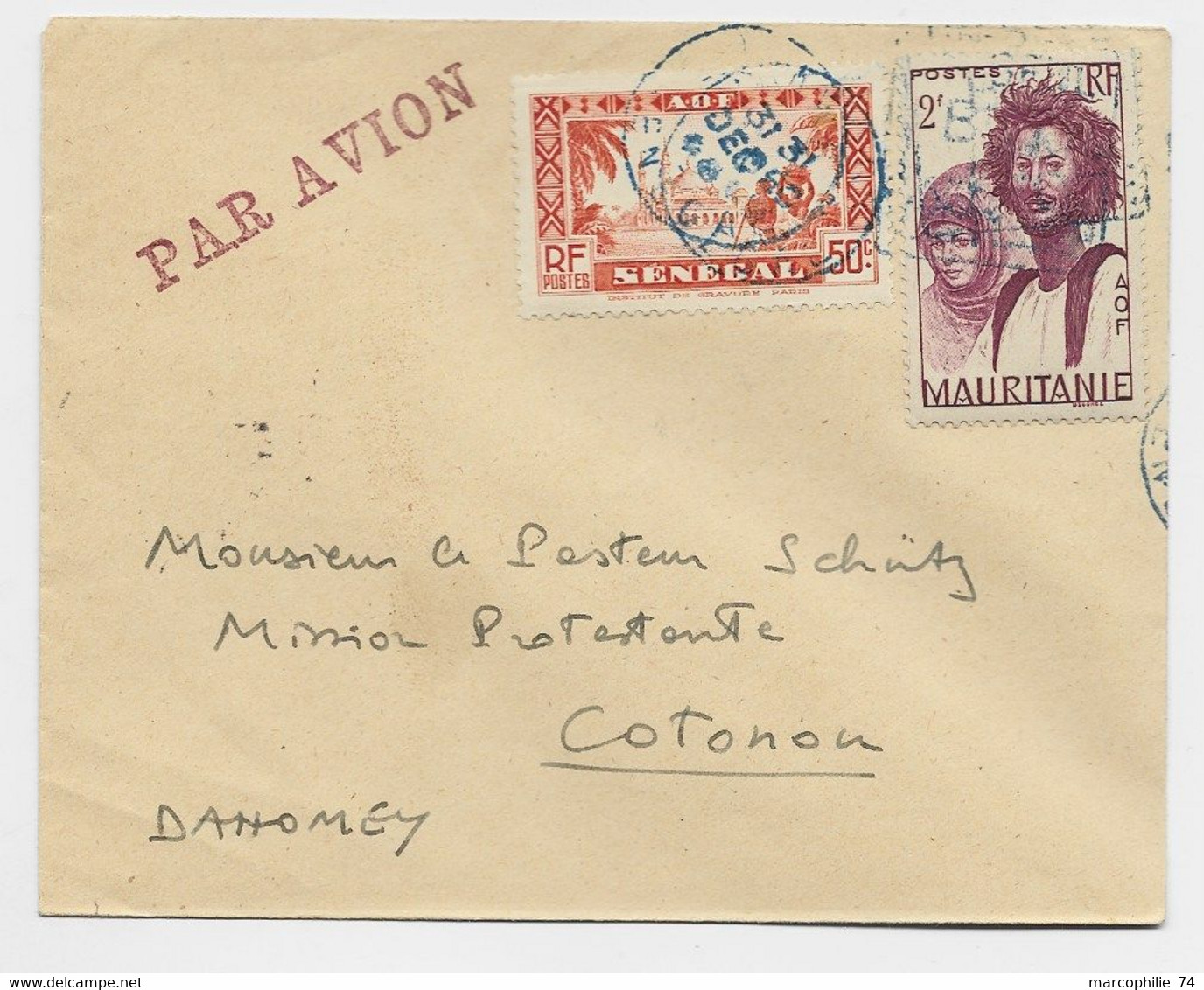 MAURITANIE 2FR+50C A.O.F LETTRE COVER AVION DAGUIN BLEU SENEGAL 1944 POUR COTONOU - Covers & Documents