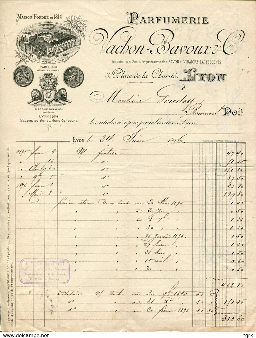 Facture VACHON BAVOUX PARFUMERIE Inventeur Des Savon Lactescents 3 Place De La Charité LYON 1896 - Droguerie & Parfumerie
