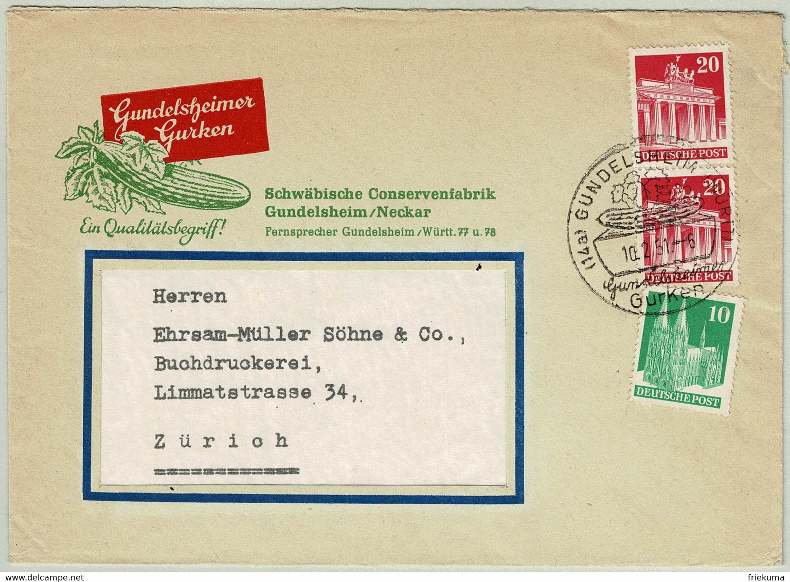 Deutschland 1951, Brief Mit Marken Bizone Gundelsheim - Zürich, Gurken / Concombres / Cucumbers - Vegetables