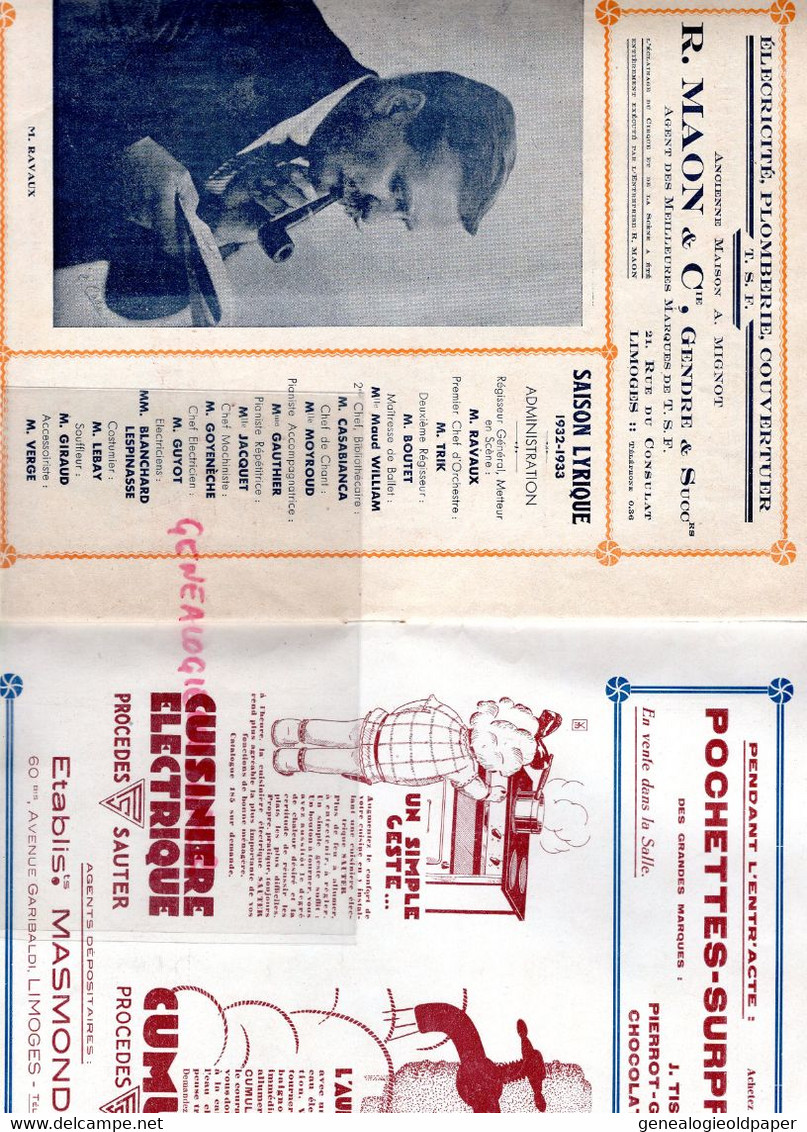 87- LIMOGES- PROGRAMME CIRQUE THEATRE OPERA-CAZAUTETS- CENDRILLON-1932-MASSENET-BERNIS CITROEN-MAPATAUD MASMONDEIX-