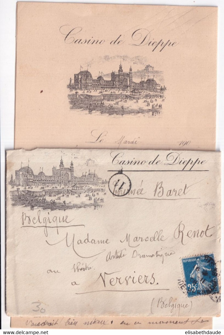 1908 - SEMEUSE / ENVELOPPE + LETTRE PUB ILLUSTREE "CASINO DE DIEPPE" (SEINE INFERIEURE) => VERVIERS (BELGIQUE) ! - 1906-38 Semeuse Camée