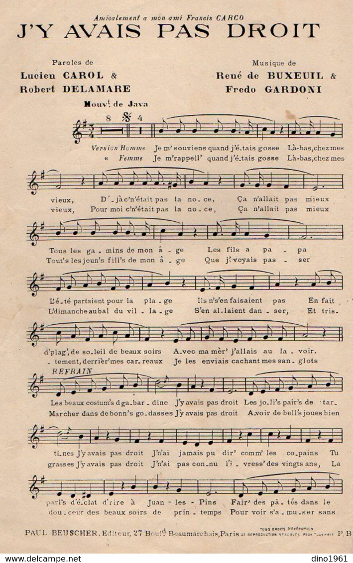 VP19.213 - PARIS - Ancienne Partition Musicale ¨ J'y Avais Pas Droit ¨ Par J. CYRANO X F. GARDONI Et Colette BETTY .... - Noten & Partituren