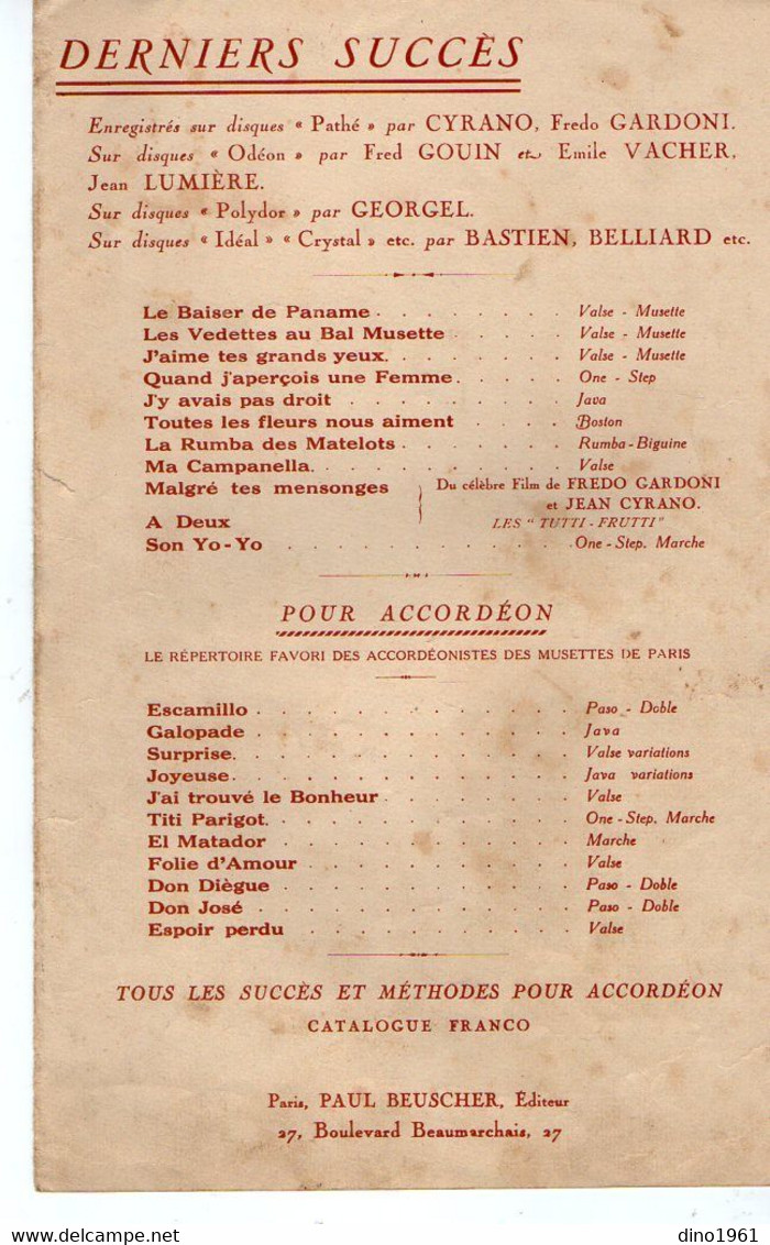 VP19.213 - PARIS - Ancienne Partition Musicale ¨ J'y Avais Pas Droit ¨ Par J. CYRANO X F. GARDONI Et Colette BETTY .... - Noten & Partituren