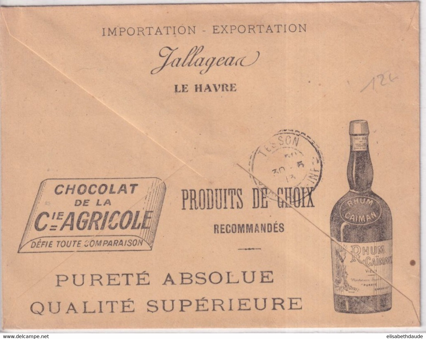 1913 - SEMEUSE / ENVELOPPE PUB ILLUSTREE "CHOCOLATS / CAFES / RHUM .." à LE HAVRE (SEINE INFERIEURE) / PARIS / ANGOULEME - 1906-38 Sower - Cameo