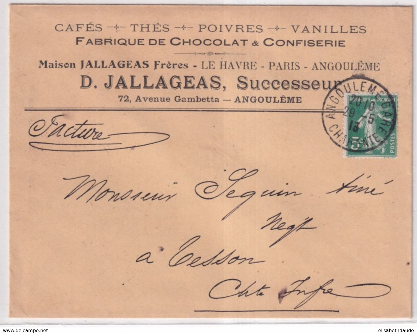 1913 - SEMEUSE / ENVELOPPE PUB ILLUSTREE "CHOCOLATS / CAFES / RHUM .." à LE HAVRE (SEINE INFERIEURE) / PARIS / ANGOULEME - 1906-38 Sower - Cameo