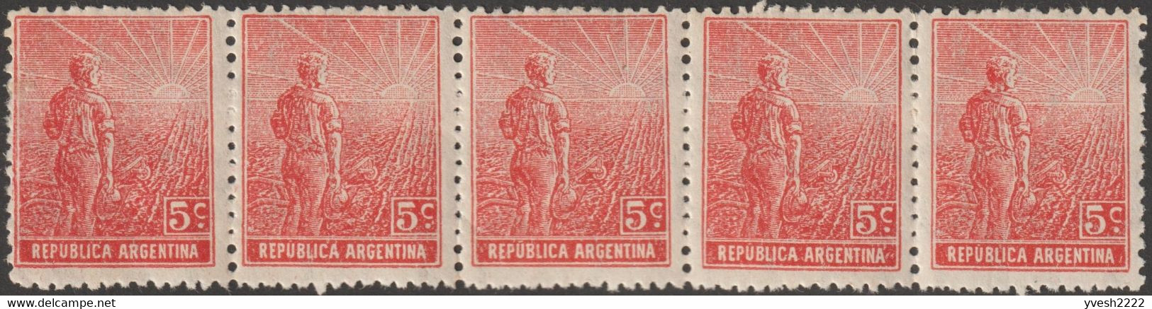 Argentine 1912 Y&T 182. Bande De 5, Curiosité : Impression Partielle Spéculaire Au Verso. Agriculteur, Sillons Et Soleil - Agriculture