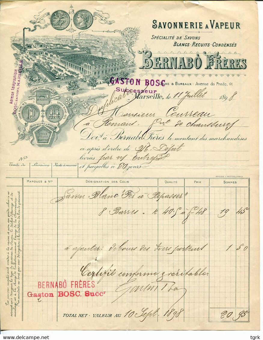 Facture BERNABO Frères Savonnerie à Vapeur Spécialité De Savons 91 Avenue Du Prado Marseille 1898 - Droguerie & Parfumerie