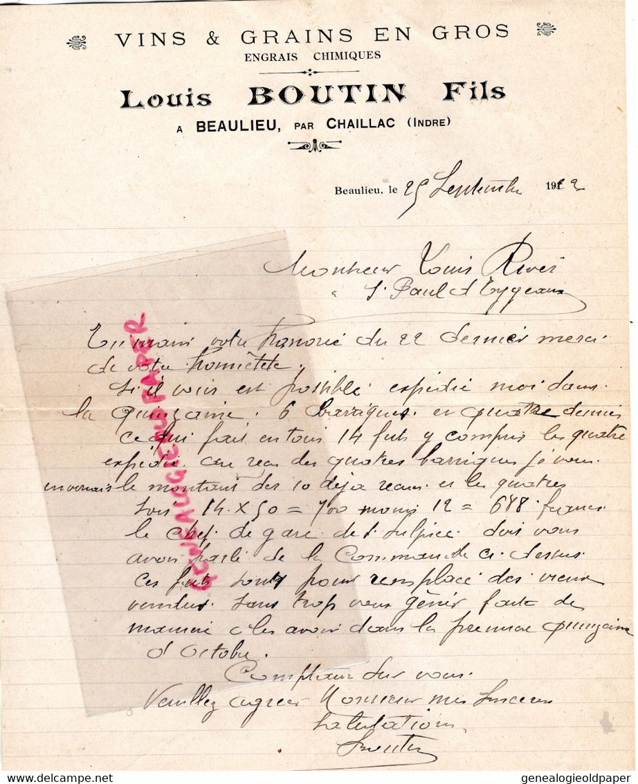 36- CHAILLAC A BEAULIEU- RARE LETTRE LOUIS BOUTIN-MARCHAND VINS ET ENGRAIS-1922 - Alimentaire