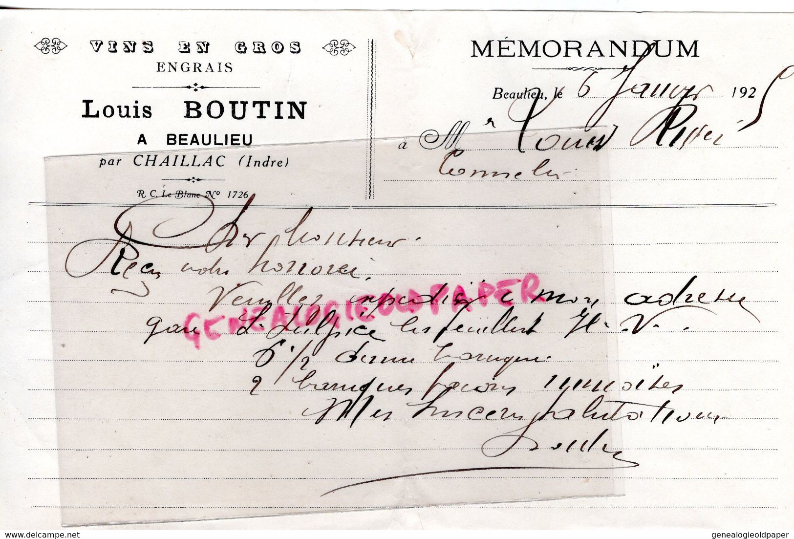 36- CHAILLAC A BEAULIEU- RARE LETTRE MEMORANDUM LOUIS BOUTIN-MARCHAND VINS ET ENGRAIS-1925 - Alimentaire