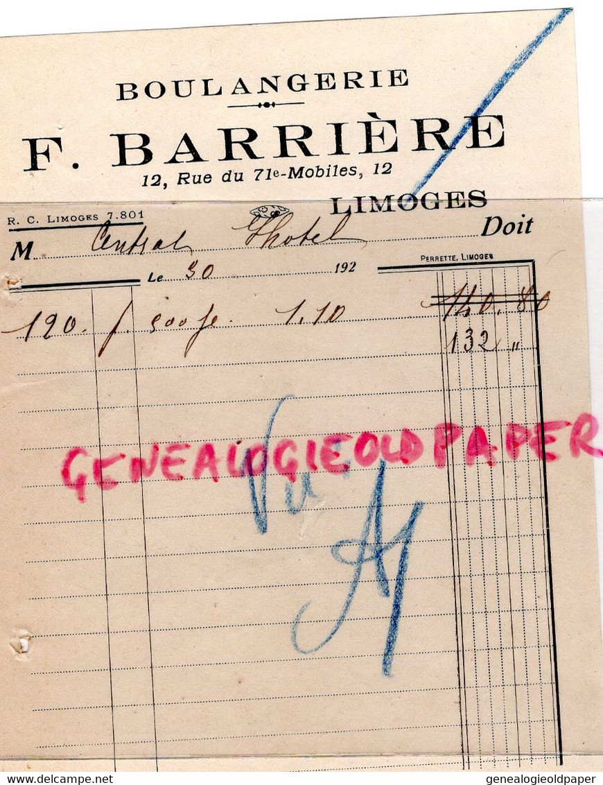 87- LIMOGES- FACTURE BOULANGERIE F. BARRIERE-12 RUE DU 71 MOBILES- BOULANGER-1920 - Alimentaire