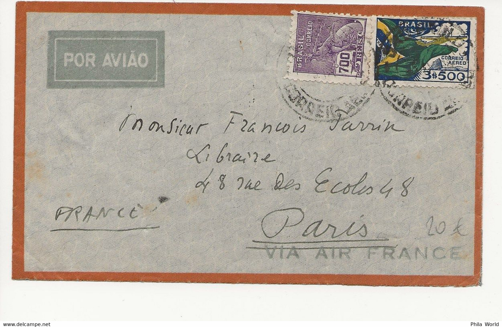 AIR FRANCE 1935 AEROPHILATELIE LIGNE MERMOZ BRESIL Sao Paulo ARRIVEE PARIS RP AVION 08 SEPT 1935 - Avions