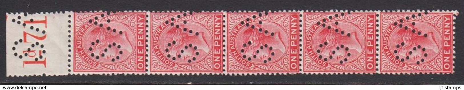 1906. SOUTH AUSTRALIA.  ONE PENNY VICTORIA With Perfin SA In Stripe Of 5 Never Hinged.... (MICHEL 108 Perfin) - JF516656 - Mint Stamps