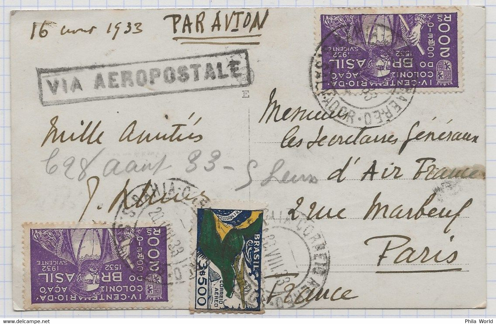 AEROPOSTALE CGA BRESIL RIO DE JANERO 20 AOUT 1933 Pour PARIS FRANCE Par Avion Correo Aereo - Avions