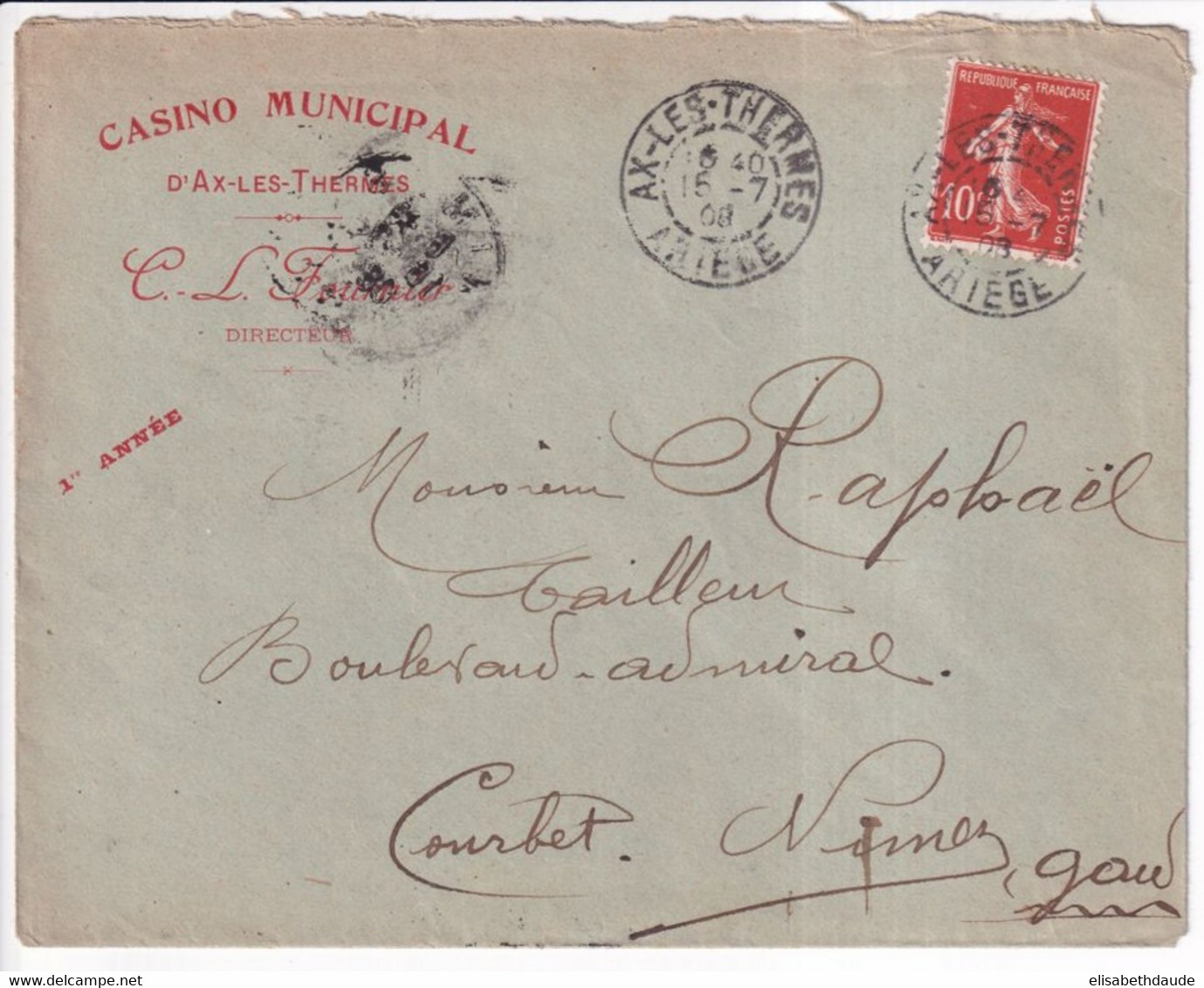 1908 - ETIQUETTE COMMERCIALE "CASINO MUNICIPAL - THEATRE MUSIQUE" De AX LES THERMES (ARIEGE) Sur ENVELOPPE PUB SEMEUSE - Lettres & Documents