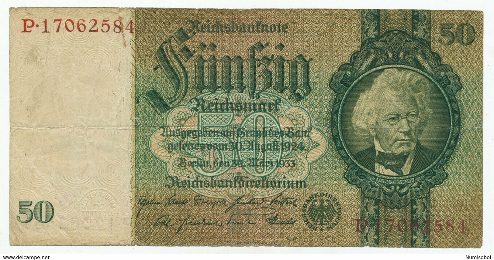GERMANY, DEUTSCHLAND - 50 Reichsmark 30.3.1933. P182, DB25w (D340) - 50 Mark