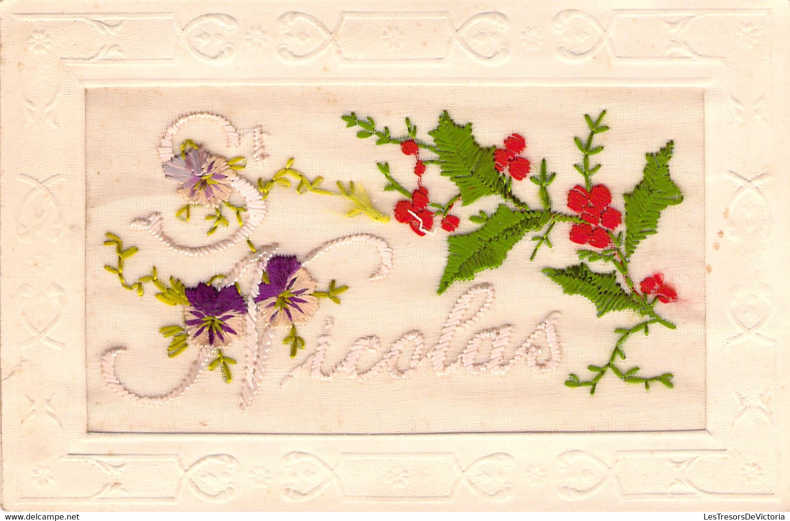 Carte Fantaisie Brodée  St Nicolas Avec Feuille De Houx Brodée - Décembre 1923 - Embroidered