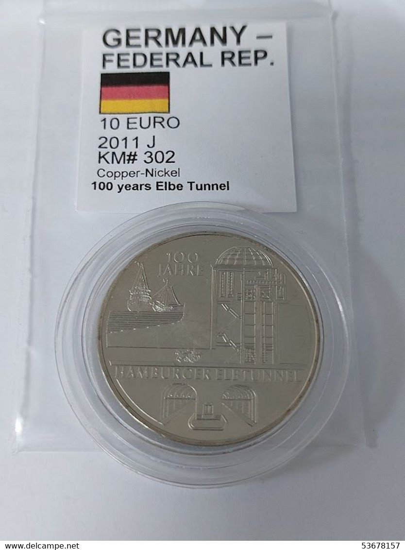Germany  - 10 Euro, 2011 J, 100th Anniversary Of Hamburger Elbtunnel, KM# 302, Unc - Collections