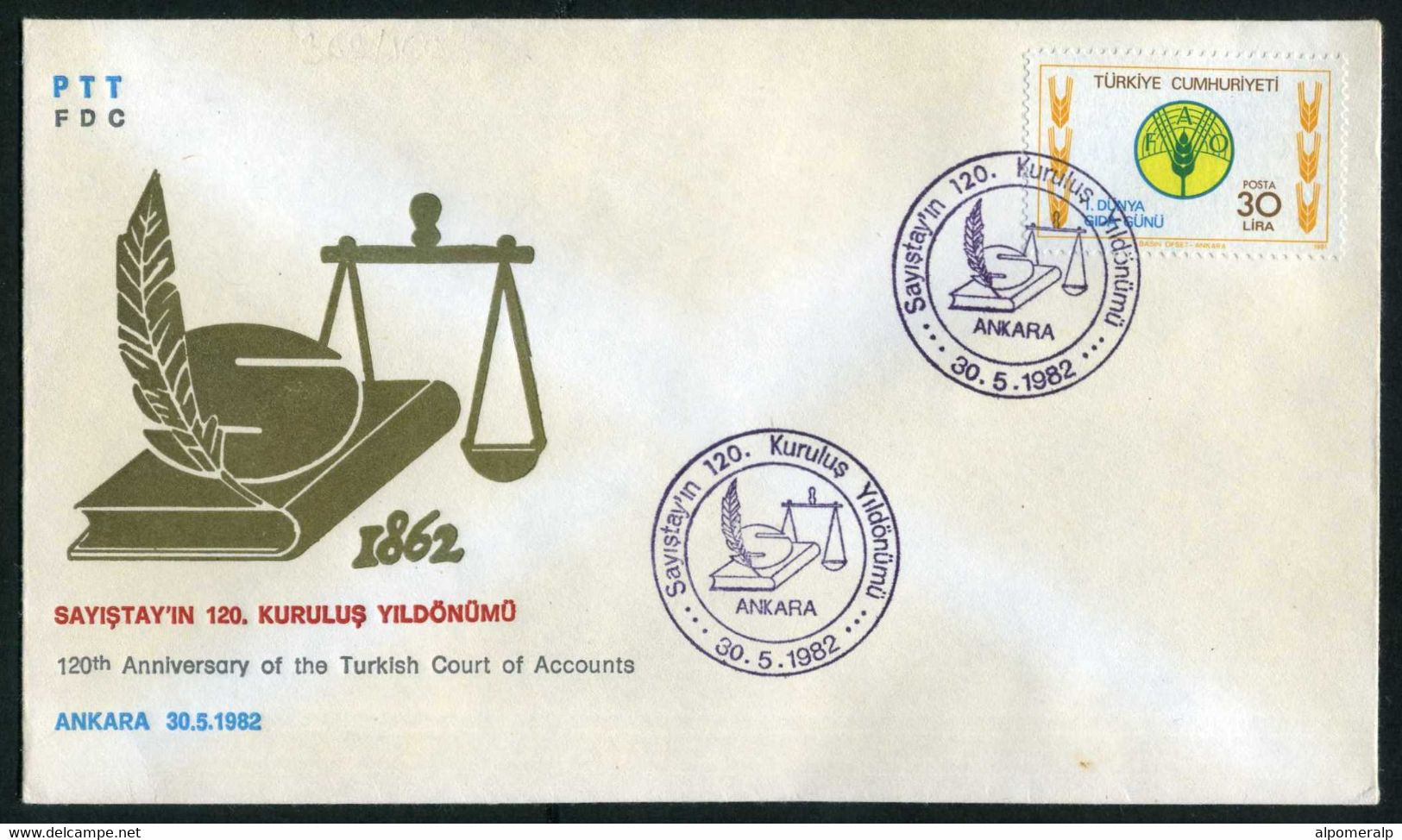 Türkiye 1982 120th Anniv. Of The Turkish Court Of Accounts | Law, Scales, Book, Pen, Special Cover - Brieven En Documenten