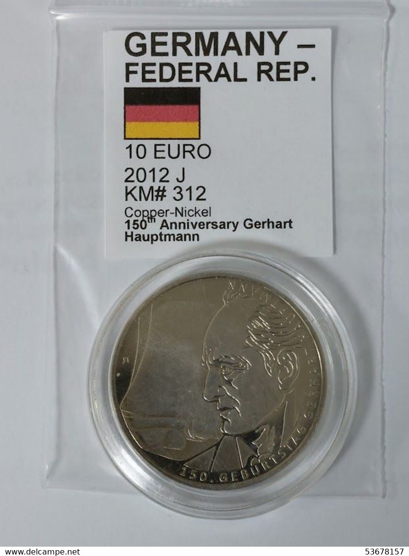 Germany  - 10 Euro, 2012 J, 150th Anniversary - Birth Of Gerhard Hauptmann, KM# 312, Unc - Collections