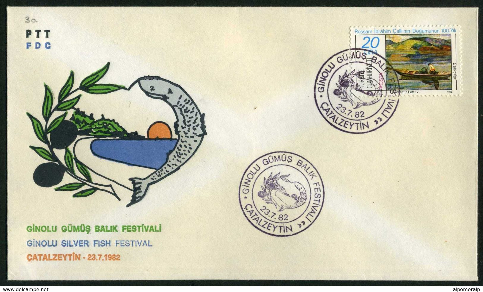 Türkiye 1982 Ginolu Silver Fish Festival | Olive, Special Cover - Lettres & Documents